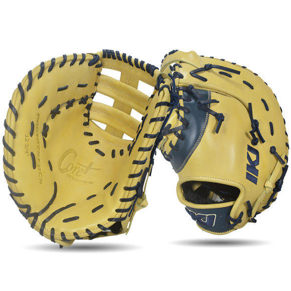 IKJ Core+ Series 12.75 INCH Post Web Model FIRST BASEMAN Baseball Mitt in Camel and Navy for LEFT-HANDED Thrower