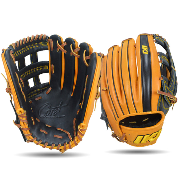 IKJ Core+ Series 12.75 INCH Double Welt Model OUTFIELD Baseball Glove in Black and Harvest for RIGHT-HANDED Thrower